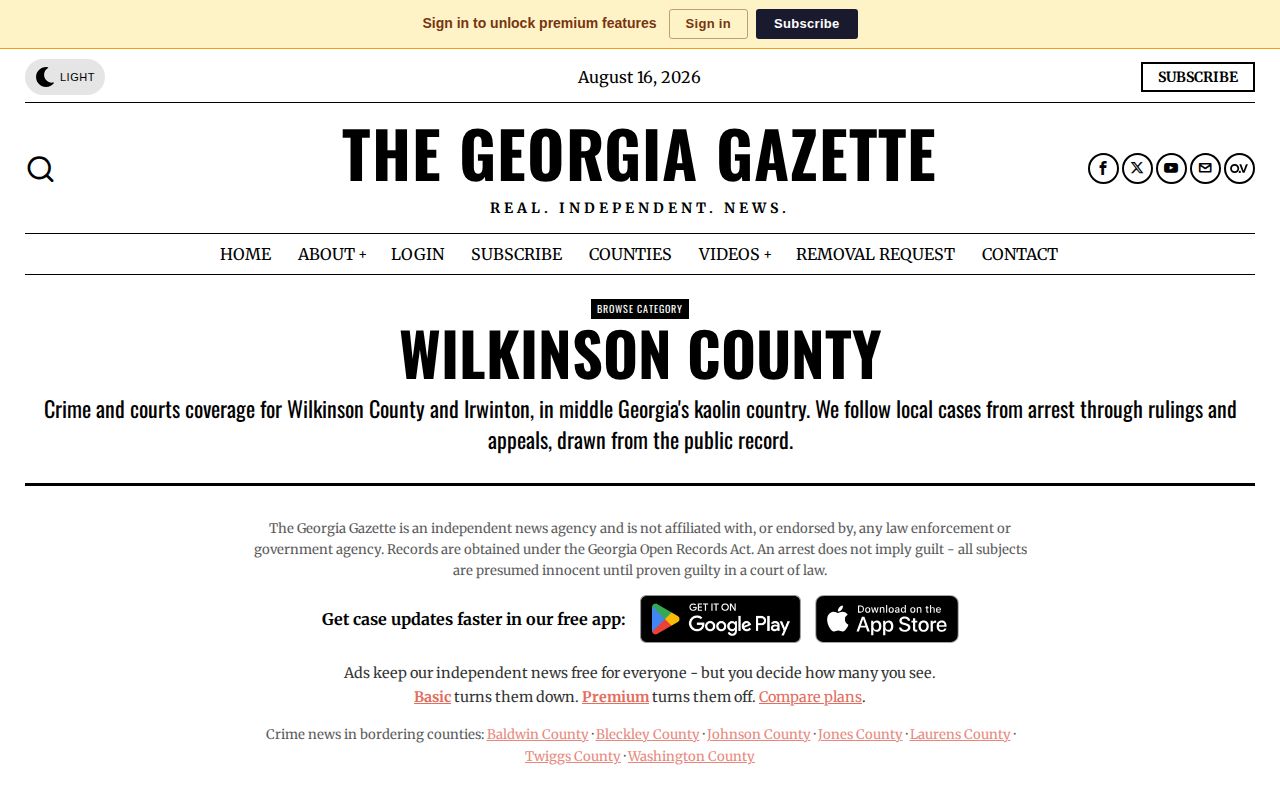 The Georgia Gazette Wilkinson County news category showing independent crime coverage
