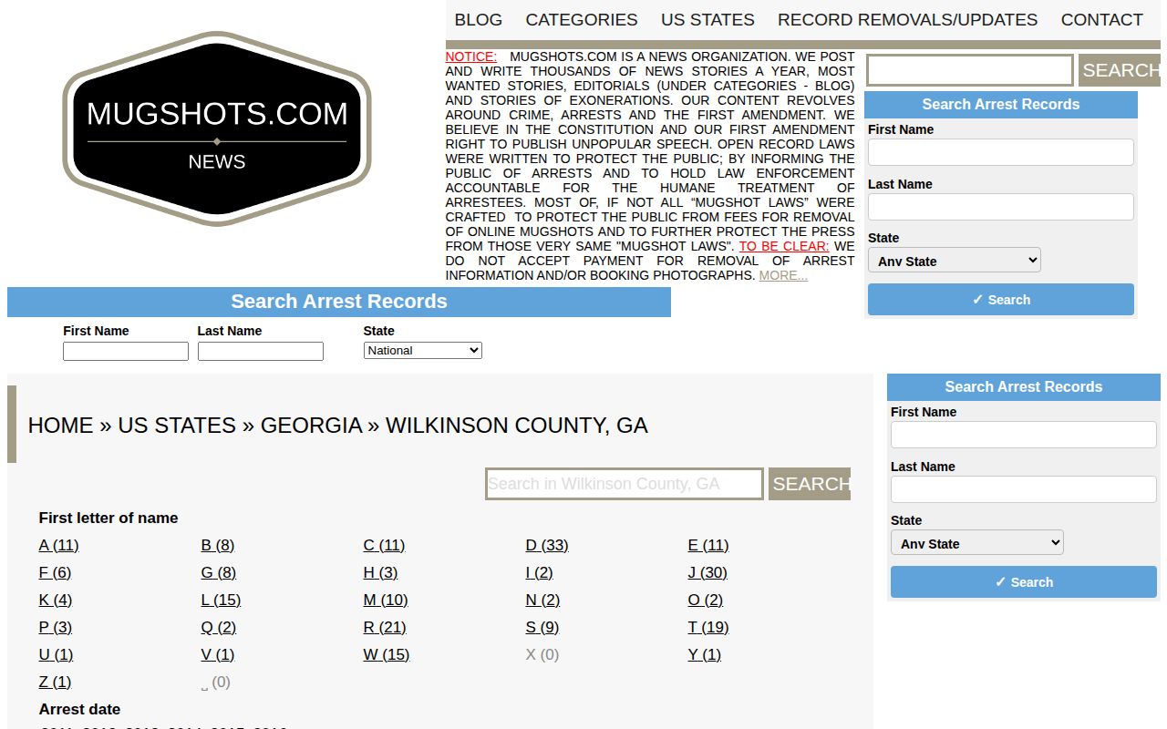 Historical Mugshots.com Wilkinson County archive interface