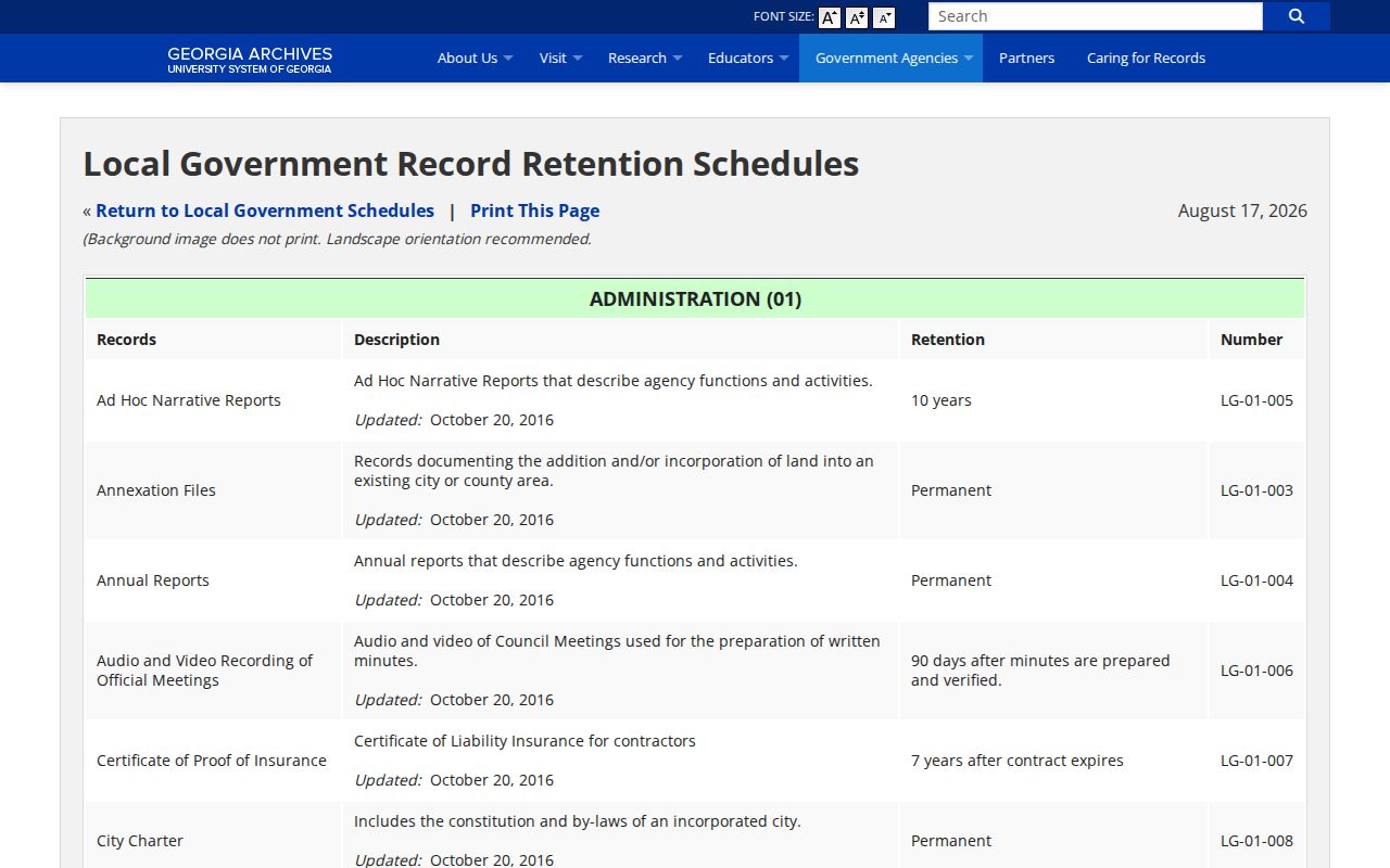 Georgia Archives local government record retention schedules for Wilkinson County booking records