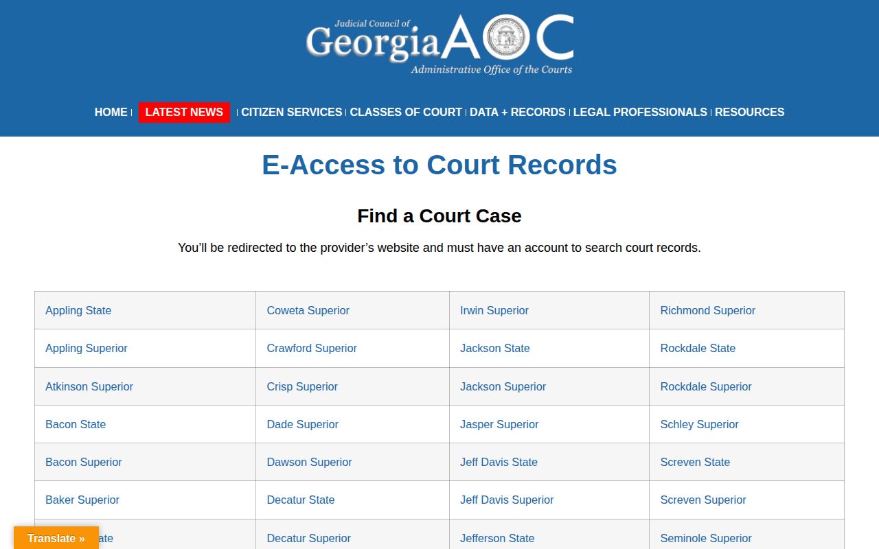 Georgia Courts eAccess gateway for Wilkinson County warrant and case research